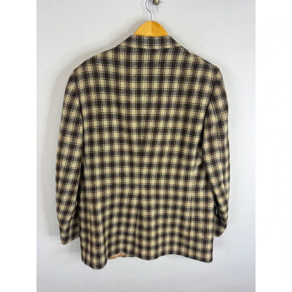 Vintage 70s Tip Top Wool Blend Plaid Blazer Sport Coat Brown Cream 44 Reg
